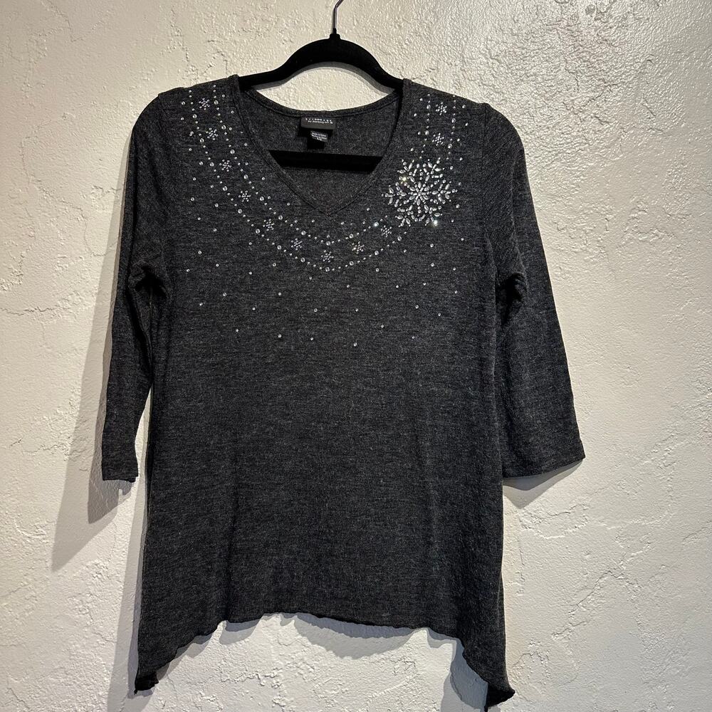Trilogy Blouse Size Small Knit 3/4 slv Bling morning sun Charcoal Gray Winter